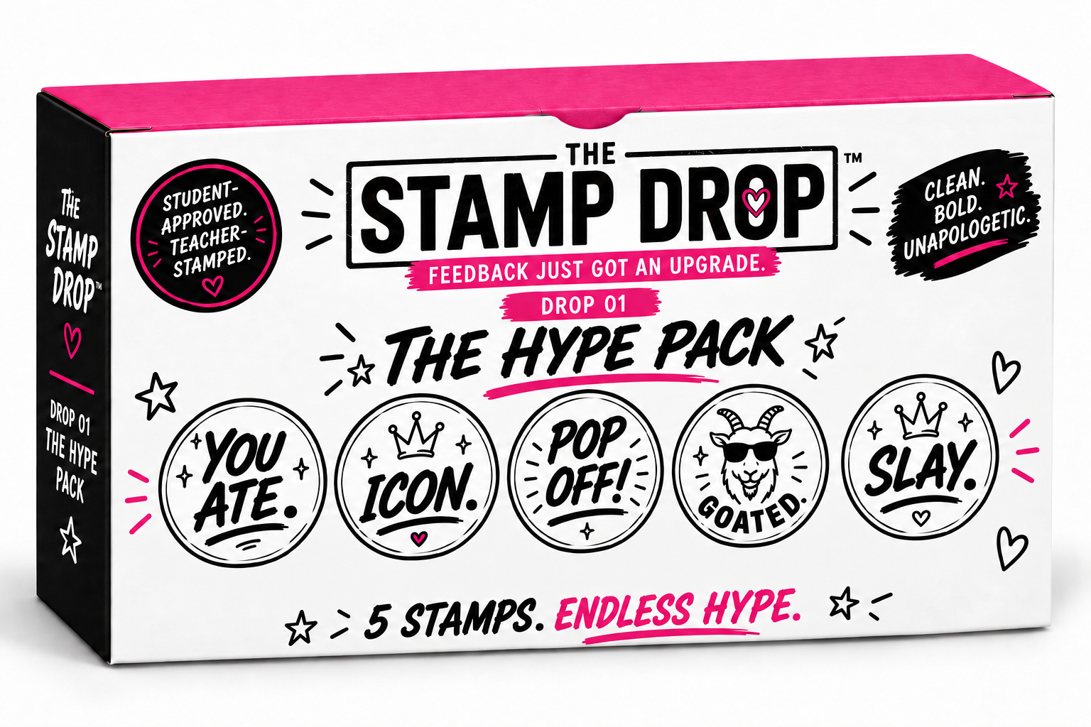 The Stamp Drop Hype Pack packaging featuring five teacher stamp designs